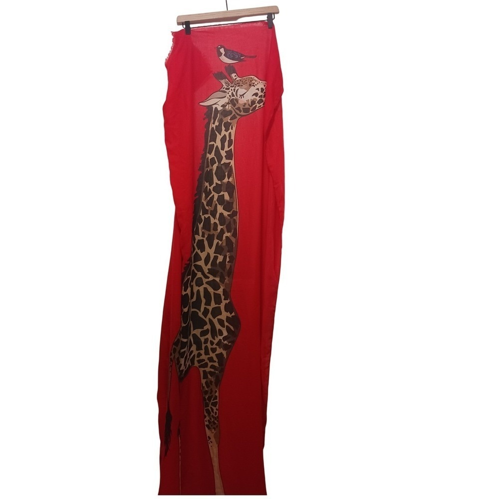 Louche Giraffe Print Statement Scarf Red Maximalist Animal Novelty Oversized